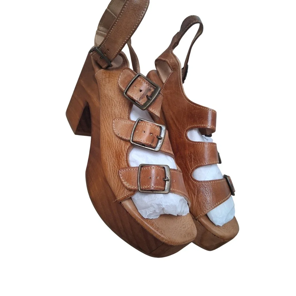 Bed Stu Jordyn Womens size 10 Leather Strappy Wood‎ Chunky Platform Block Heels